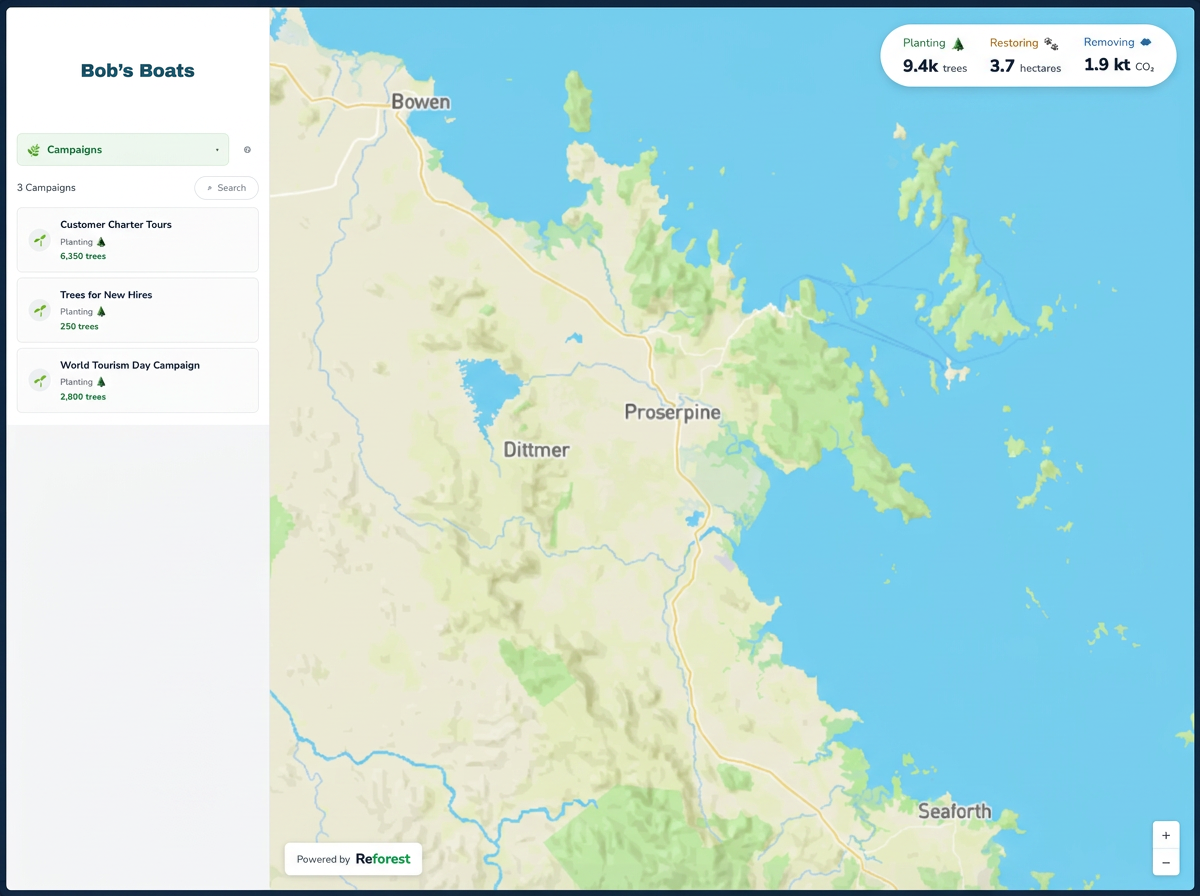 Live impact dashboard showing Whitsunday Rent A Yacht campaigns and restoration projects mapped across the Whitsundays region
